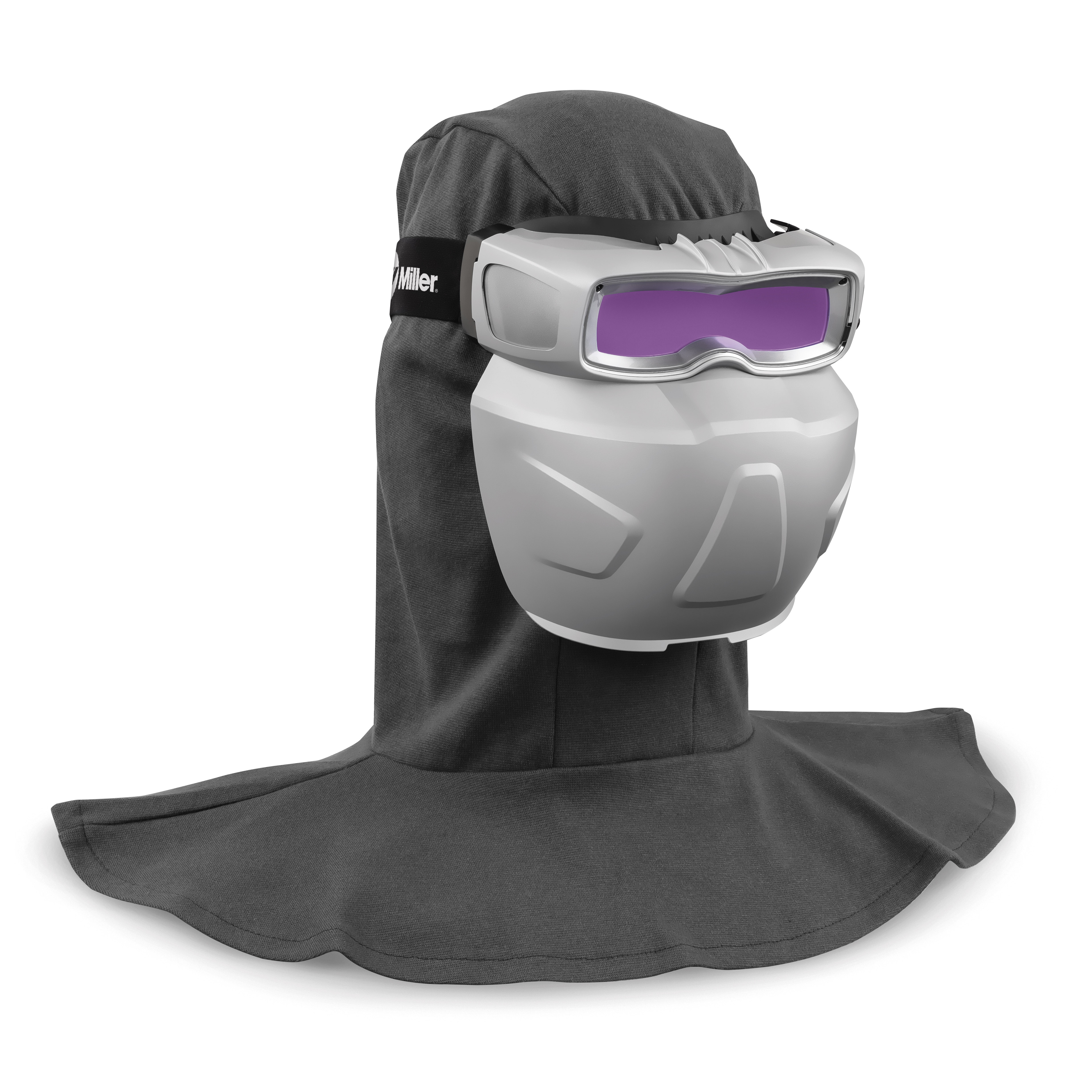 Miller Electric Company gray auto-darkening weld mask, with lenses. 5.0-13.0 IRVU shade